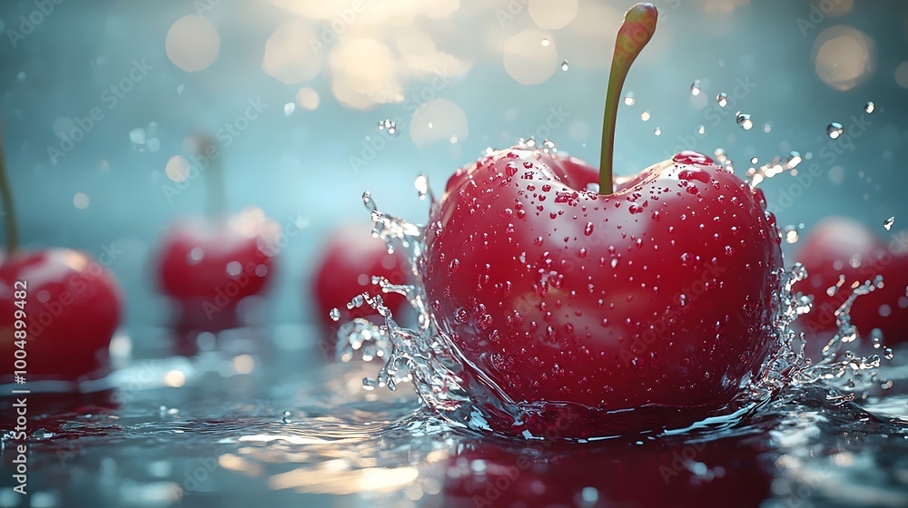 Poster a single red cherry splashes into a pool of water, creating a burst of droplets. the vibrant color c