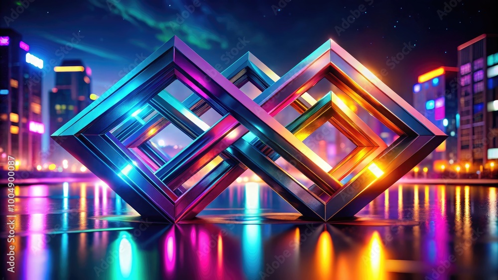 Poster two interlocking geometric shapes in vibrant colors creating a modern abstract design concept