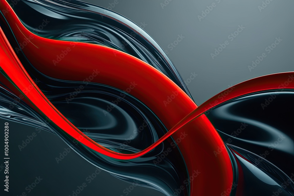 Poster vibrant red curve design on an obsidian background with fluid dynamics and copy space