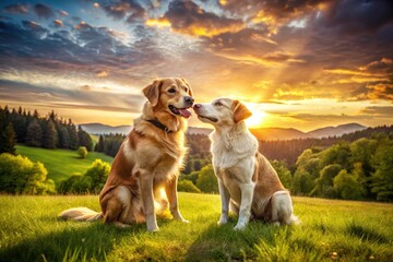 Two Playful Dogs Sharing Affection in a Beautiful Outdoor Setting Surrounded by Nature's Beauty