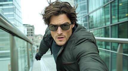 Fototapeta premium A man in a jacket and sunglasses on the side of an escalator, AI