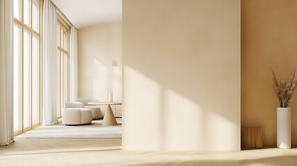 Fototapeta premium Beige home living room interior with rest and dining zone, window. Mockup wall 