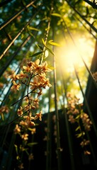 A hyperrealistic image in ultra-high definition captures a warm climate and warm, enveloping light in the scene. The composition is from a low angle looking up, with bamboo suspended in mid-air, grace