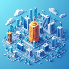 Vertical isometric blue city illustration with orange building in the center which stand out from the rest of the modern city