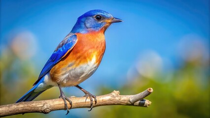 Obraz premium Vibrant Bluebird Perched on a Branch Against a Clear Sky in a Serene Natural Environment