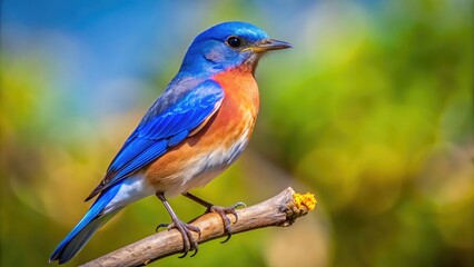 Obraz premium Vibrant Bluebird Perched on a Branch Against a Clear Sky in a Tranquil Natural Setting