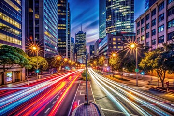 Obraz premium Vibrant Car Lights Illuminating the Night in a Dynamic Urban Environment with Motion Effects