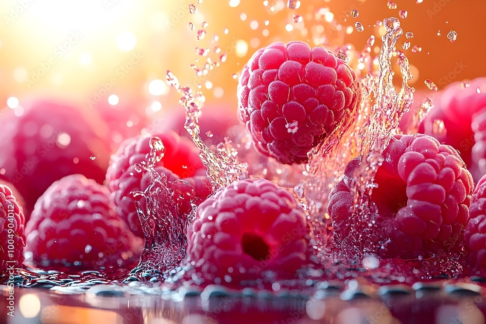 Poster a close-up shot of a handful of raspberries splashing in water, creating a vibrant and refreshing sc