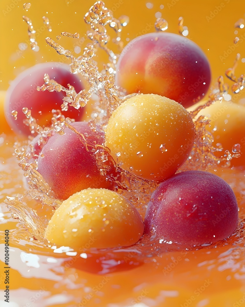 Poster fresh peaches splashing into water, creating a vibrant and refreshing scene.