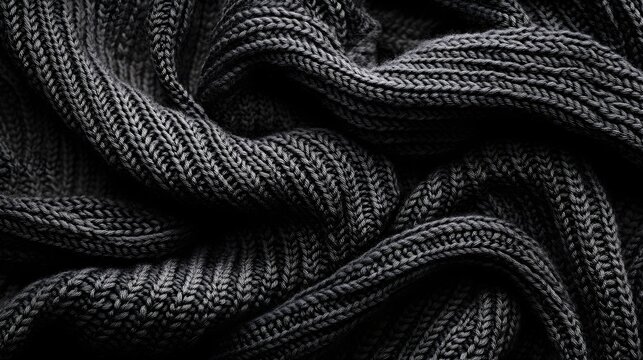 Overhead shot of black knit fabric texture, high-detail interlocking threads, soft and dense material, elegant minimalism, deep shadows