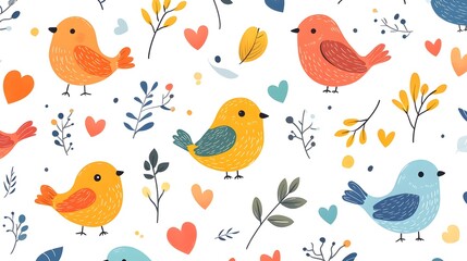 Fototapeta premium Overhead shot of cheerful cartoon birds, hearts, and leaves, vibrant colors on a minimalist white background, playful and lighthearted