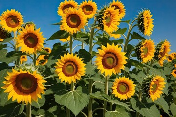A Vibrant Sunflower Garden Blooms with Fresh Color on a Clear Backdrop