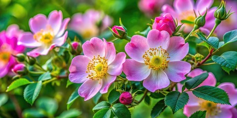 Naklejka premium Vibrant Dogrose Flowers in Bloom Capturing Nature's Beauty and Delicate Petals of Springtime