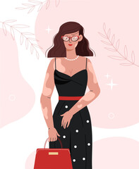 Woman with vitiligo. Young girl in black dress with red bag in hands. Skin diseases and illness, dipegmentation. Diversity and tolerance. Flat vector illustration isolated on white background