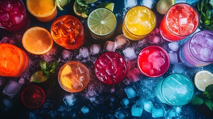 Overhead view of assorted cocktails with ice cubes, fresh garnishes, bright neon lights reflecting off bar, energetic party vibe