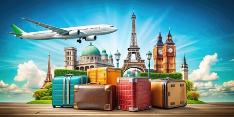 Vibrant Flat Design Travel Concept with Iconic Landmarks, Suitcases, and Airplane Elements Illustrated