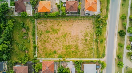 Aerial view of an empty plot of land surrounded by residential houses on a sunny day