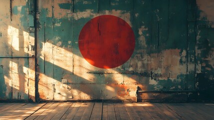 Overhead view of rustic wooden floor, bold sun rays painted, red circle on weathered wall backdrop, vintage industrial setting