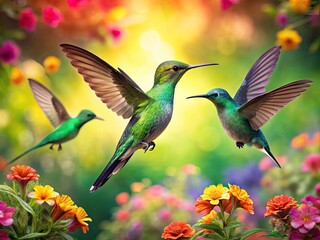 Fototapeta premium Vibrant Green Hummingbirds Hovering Near Colorful Flowers in a Lush Tropical Garden Setting