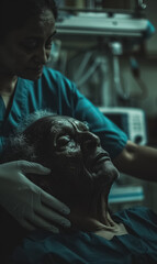 nurse providing care and conversation to elderly senior patient in hospital room, surrounded by medical equipment, compassion and support during recovery