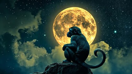 A monkey sits on a rock, gazing at the full moon in the night sky