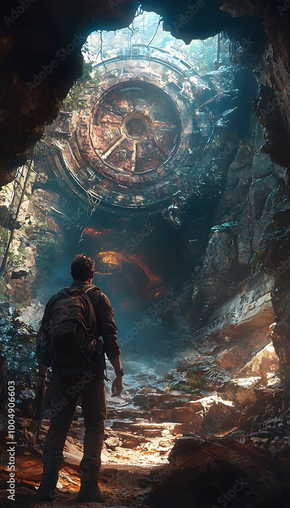 Aufkleber man exploring an ancient and mysterious cave with a giant glowing portal