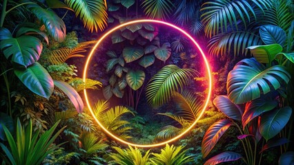 Vibrant Neon Circle Surrounded by Lush Tropical Foliage Emitting a Warm, Inviting Glow at Night