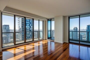 Obraz premium Modern High-Rise Apartment with City Views Spacious Balcony and Elegant Hardwood Floors