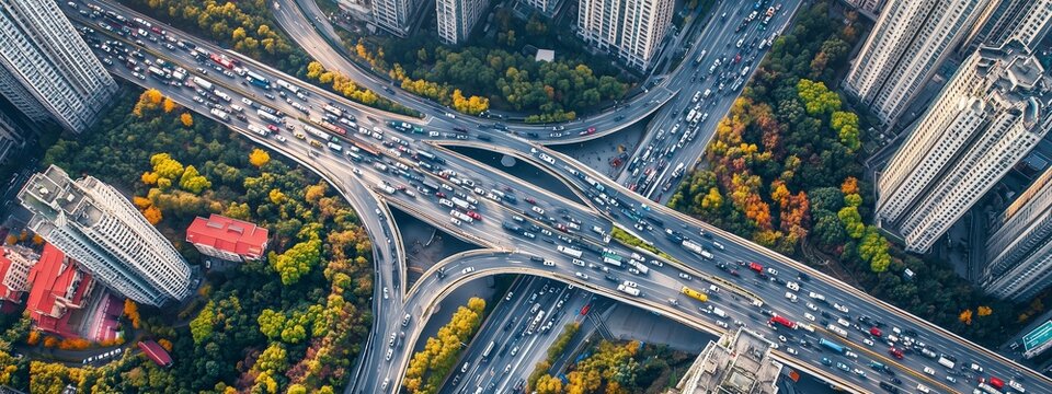 Busy urban intersection view from above showcases traffic flow and city development during fall in a metropolitan area - Powered by Adobe