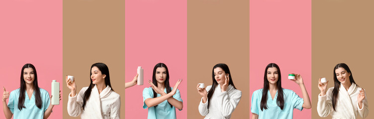 Collage of beautiful young woman with cosmetic products on pink and brown backgrounds