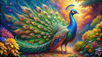 Fototapeta premium Vibrant Peacock Painting Showcasing Majestic Feathers and Vivid Colors in a Stunning Artistic Style