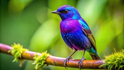 Vibrant Purple Bird Perched on Branch in Lush Green Environment, Nature's Colorful Beauty Captured