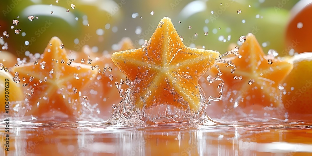 Poster a starfruit slice splashes into a pool of water, creating a vibrant and refreshing scene.
