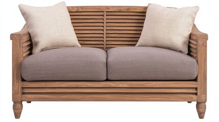 Obraz premium Teak Wood Sofa with Slatted Back and Cushions Front View