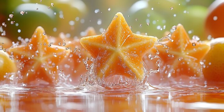 A starfruit slice splashes into a pool of water, creating a vibrant and refreshing scene.