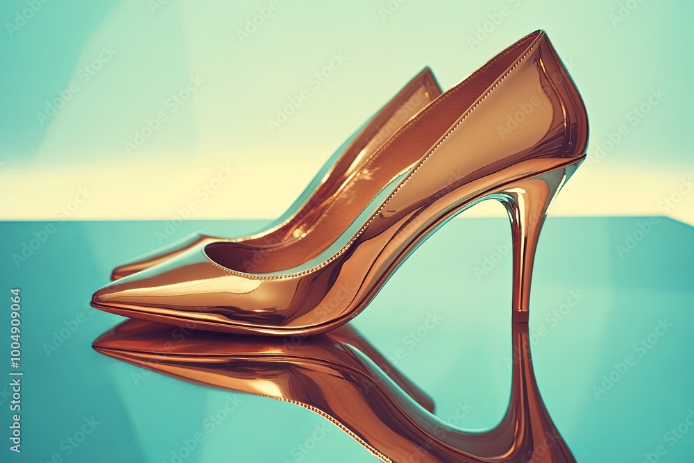Poster elegant gold high heels reflecting on a glass surface with a soft gradient background in a stylish s