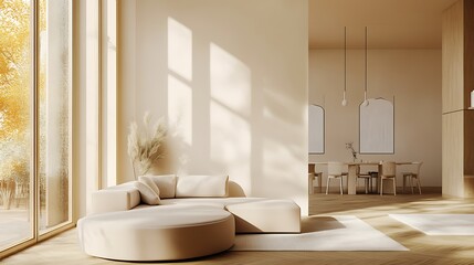  Beige home living room interior with rest and dining zone, window. Mockup wall 