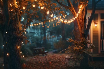 Cozy garden night vibes. Inviting outdoor area for party and gathering, beautifully decorated with warm lighting, candles, lush greenery. Mysteryous garden, autumn patio atmosphere