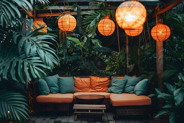 Cozy garden night vibes. Inviting outdoor seating area, beautifully decorated with warm lighting, candles, lush greenery, and soft textiles. A plush sofa with soft cushions and blanket