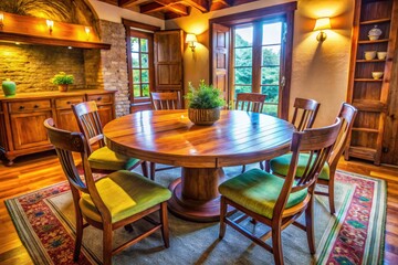 Vintage Round Wooden Table and Chairs Set for Meetings in Cozy Room with Rustic Style Decor