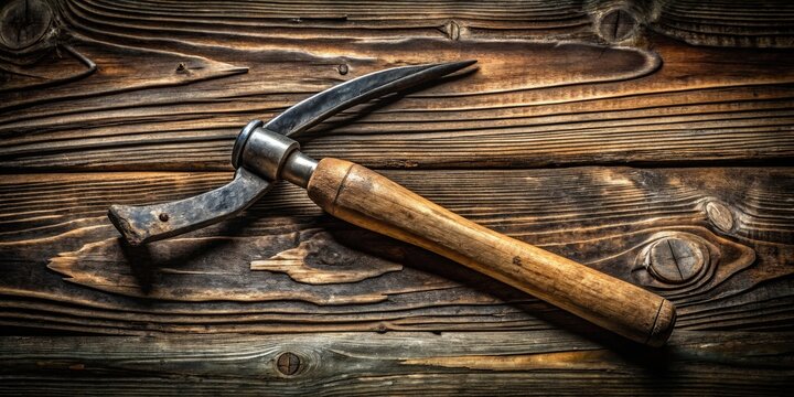 Vintage pickaroon tool resting on wooden surface with rustic charm and natural grain textures