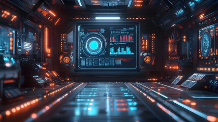 Fototapeta premium Futuristic control panel displaying holographic production data in a factory, surrounded by metallic robots, glowing digital graphs, vibrant blue lighting, cybernetic, hyper-detailed 3D