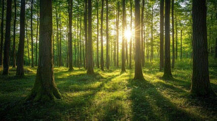 Fototapeta premium Beautiful green forest with tall trees and sunlight filtering through
