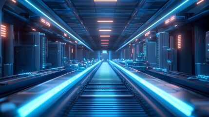 Fototapeta premium Factory with transparent conveyor belts, AI-driven robotic quality check, blue and silver industrial design, soft white neon lighting, Sci-Fi, Futuristic