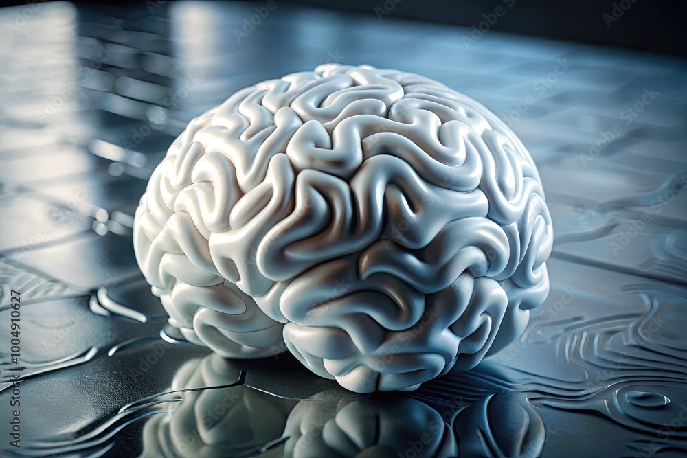 Poster white sculpted brain on polished metal table representing generative ai and innovative technology co