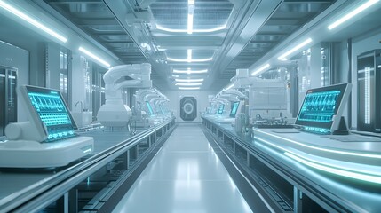 A futuristic, spotless factory floor, sleek AI-powered machines analyzing food samples under sterile white lights, advanced tech screens displaying data