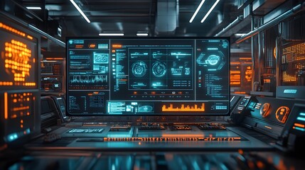 Obraz premium Digital dashboard displaying AI-powered food quality control metrics, floating holograms, vibrant neon, futuristic factory backdrop, 3D rendering, high-tech minimalism