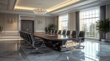 Fototapeta premium A large, elegant conference room with a long wooden table and black leather chairs.