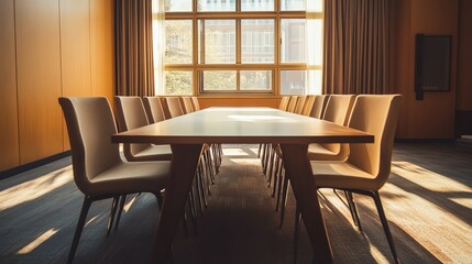 A long conference table with chairs in a modern meeting room.