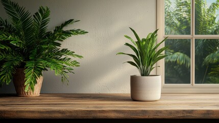 Rustic Wooden Tabletop with Plants and Window View